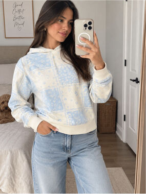 Women's Target Blue and White Patchwork Print Quarter-Zip Hoodie, Size XXS